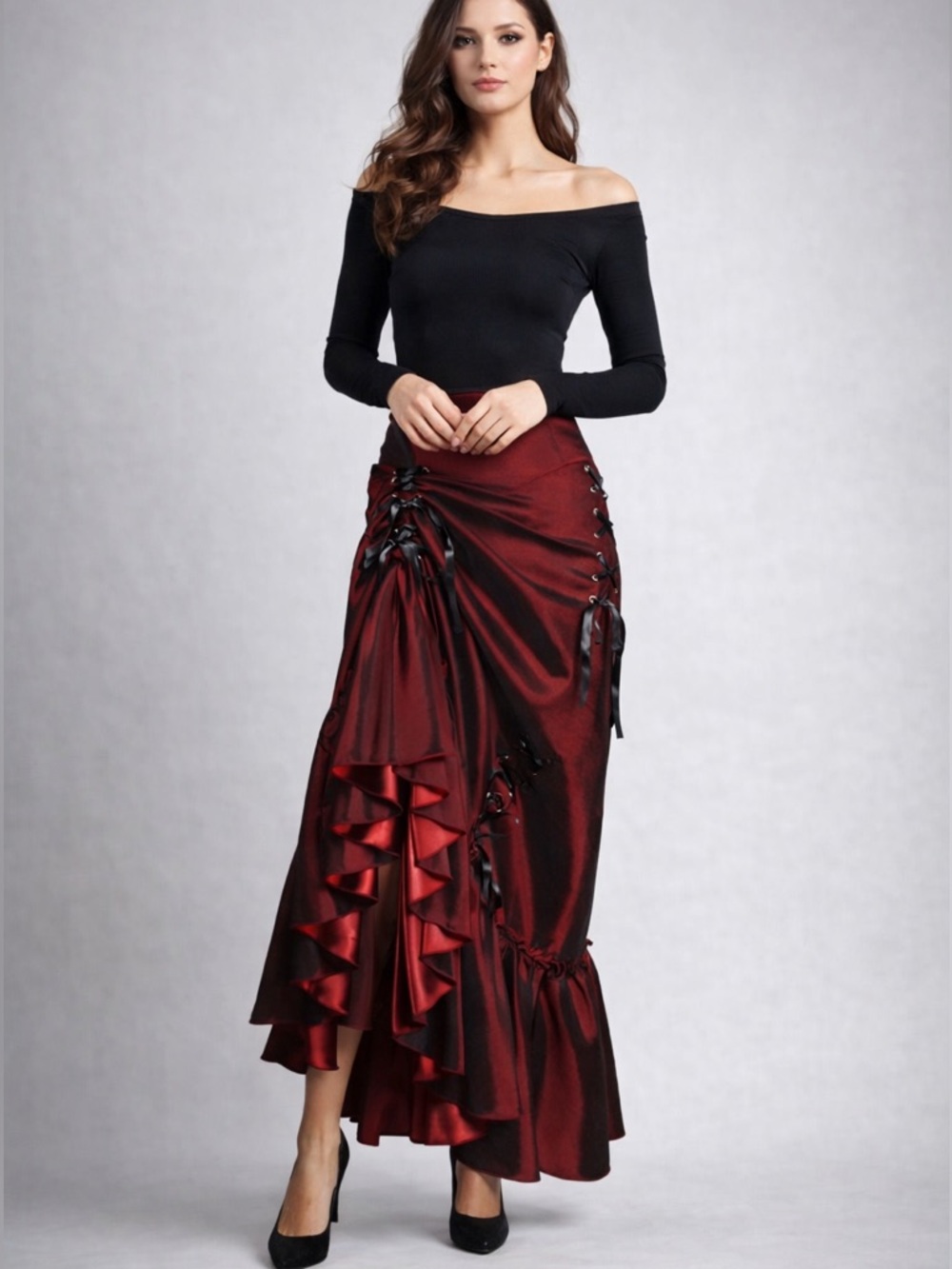 Red Silky Lace Up Trumpet Skirt - Picture 2 of 6